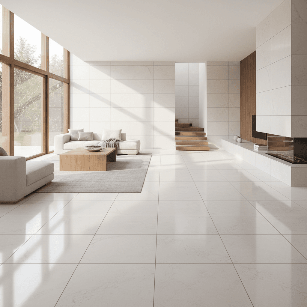 Installed porcelain stoneware flooring in modern interior space