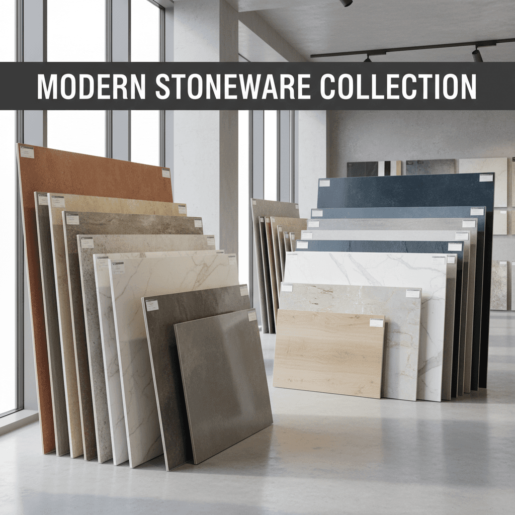 Stacked porcelain stoneware slabs in showroom display
