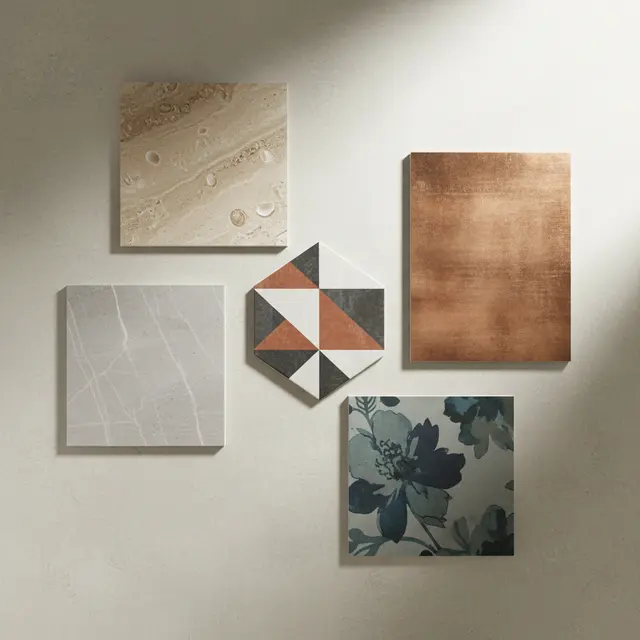 Five decorative tiles with marble, geometric, copper, and floral patterns on a neutral wall.