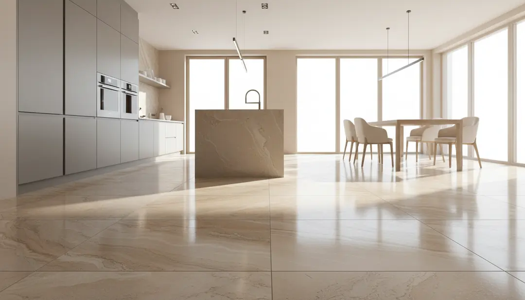 Modern kitchen featuring large beige marble floor tiles, a stone island, and bright dining area.